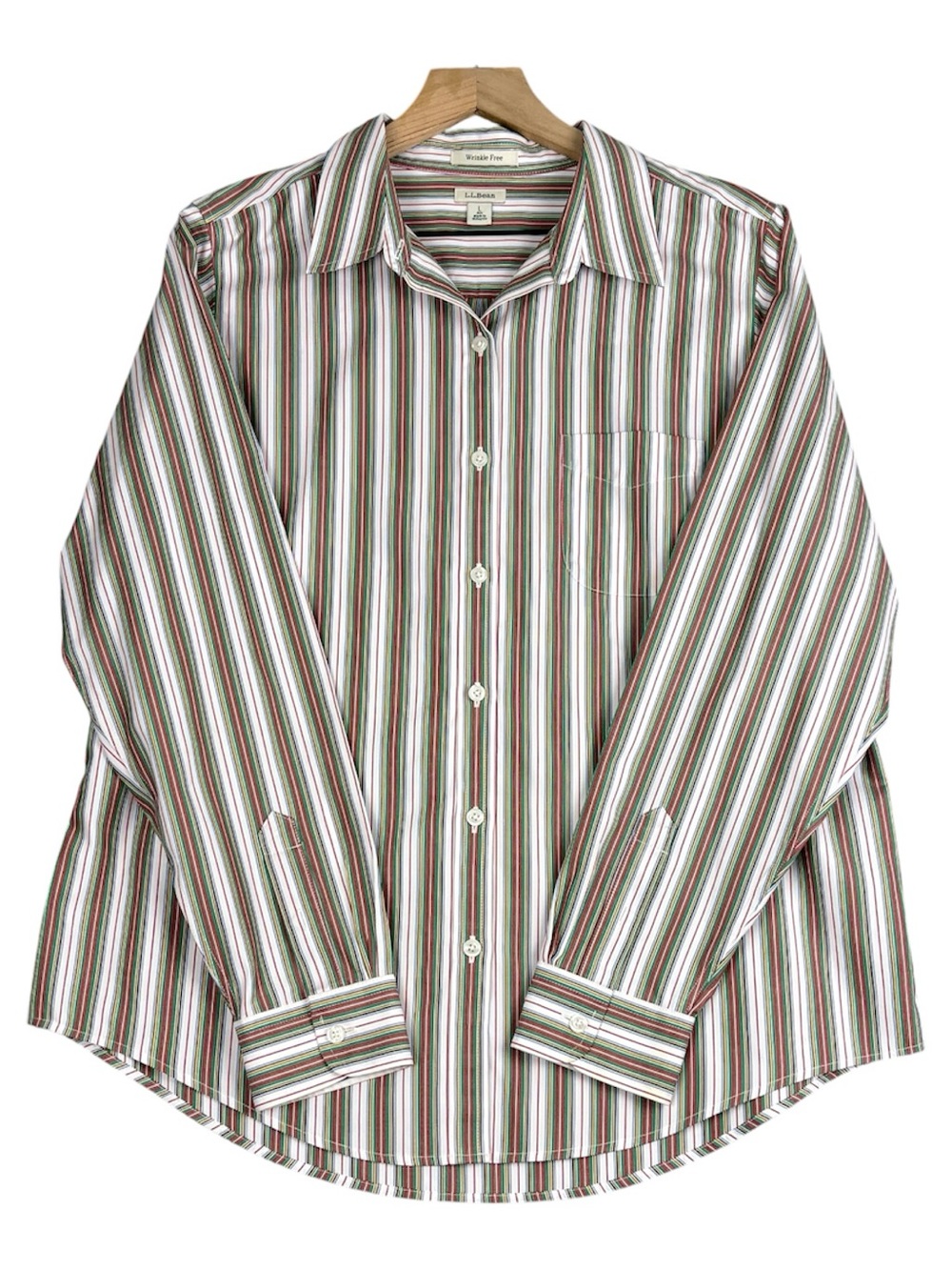 LL Bean Shirt Womens Large Pink Green Wrinkle Free Cotton Button Up Preppy